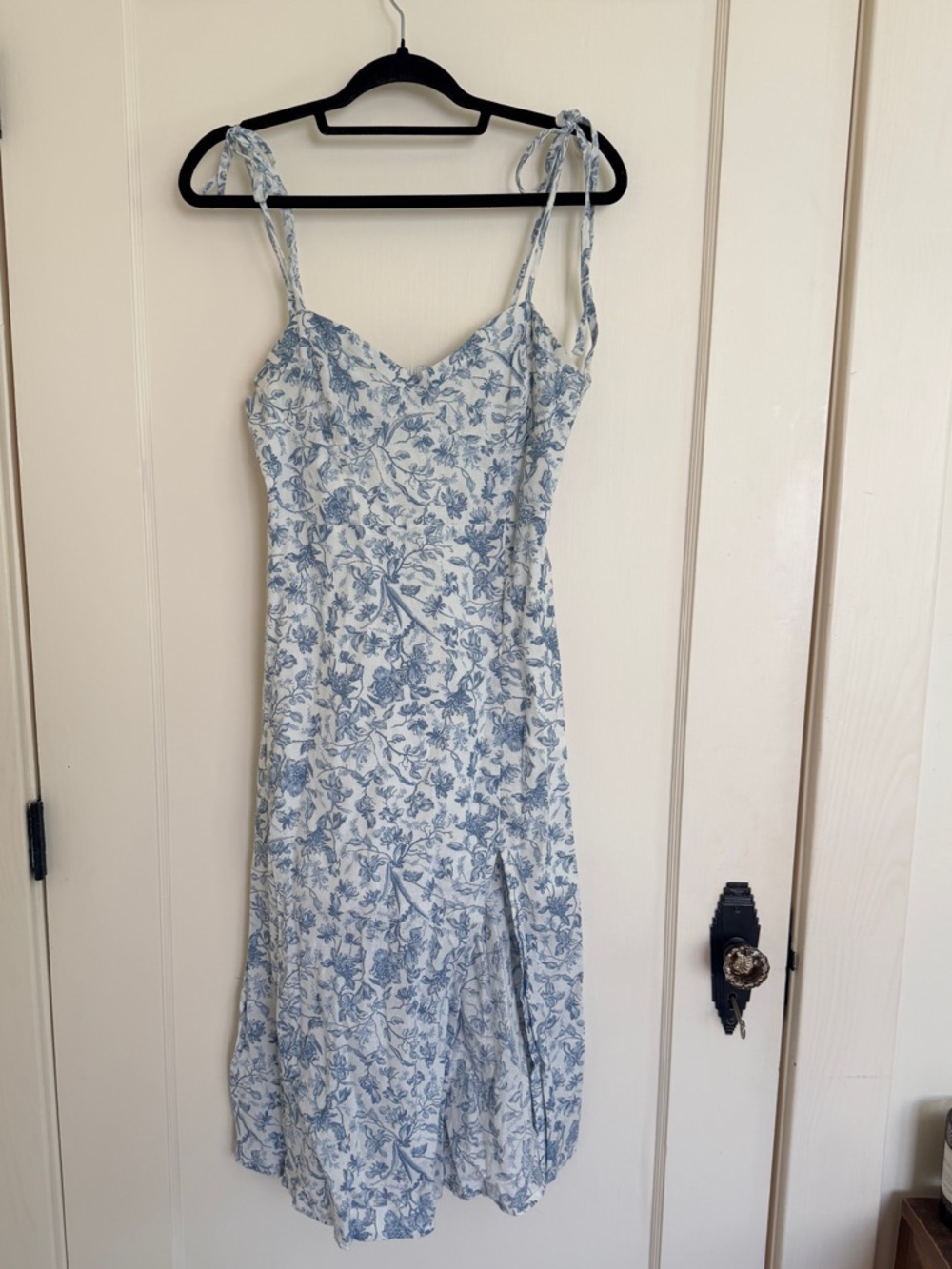 Lucky Brand Romantic Cotton Linen Corset Top Tie Strap MIDI Dress - Blue Floral